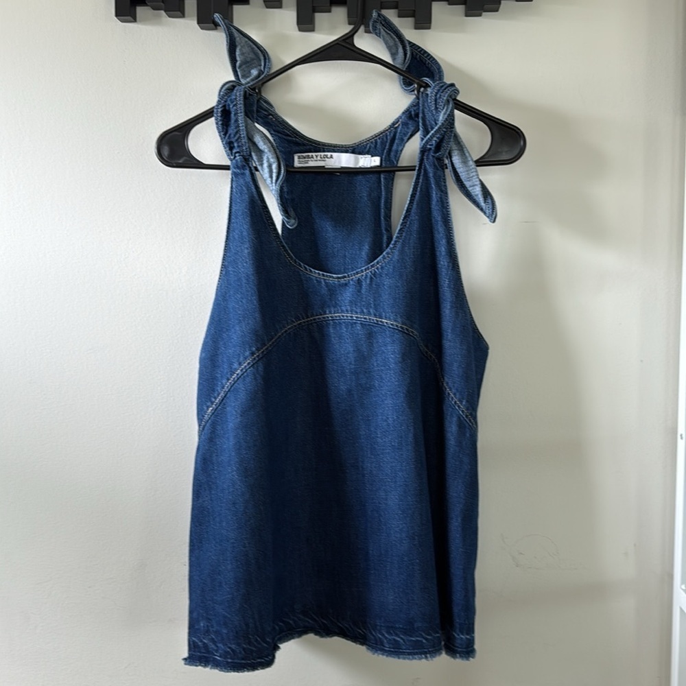 Bimba Y Lola Dark blue denim top Blue Denim Tie-Shoulder Top Sz L - Picture 2 of 12